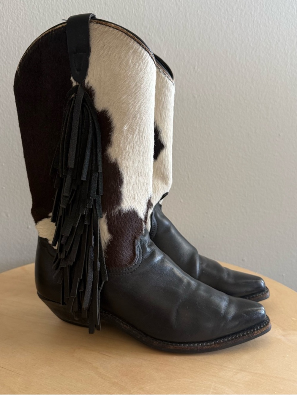 Vintage Pony Hair Fringe Cowboy Boots Cow Print Size 6 Western Festival Leather